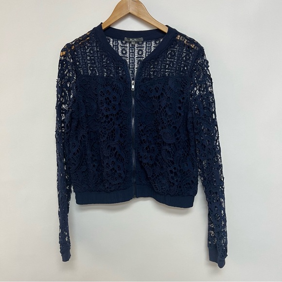 Miss Me Navy Blue Lace Bomber Jacket Full Zip Long Sleeve Large - Picture 1 of 6